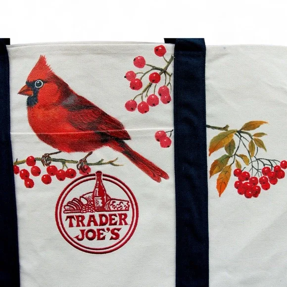 New Hand Painted Trader Joe’s Large Canvas Tote Bag with Red Cardinal and Berry - Picture 4 of 4